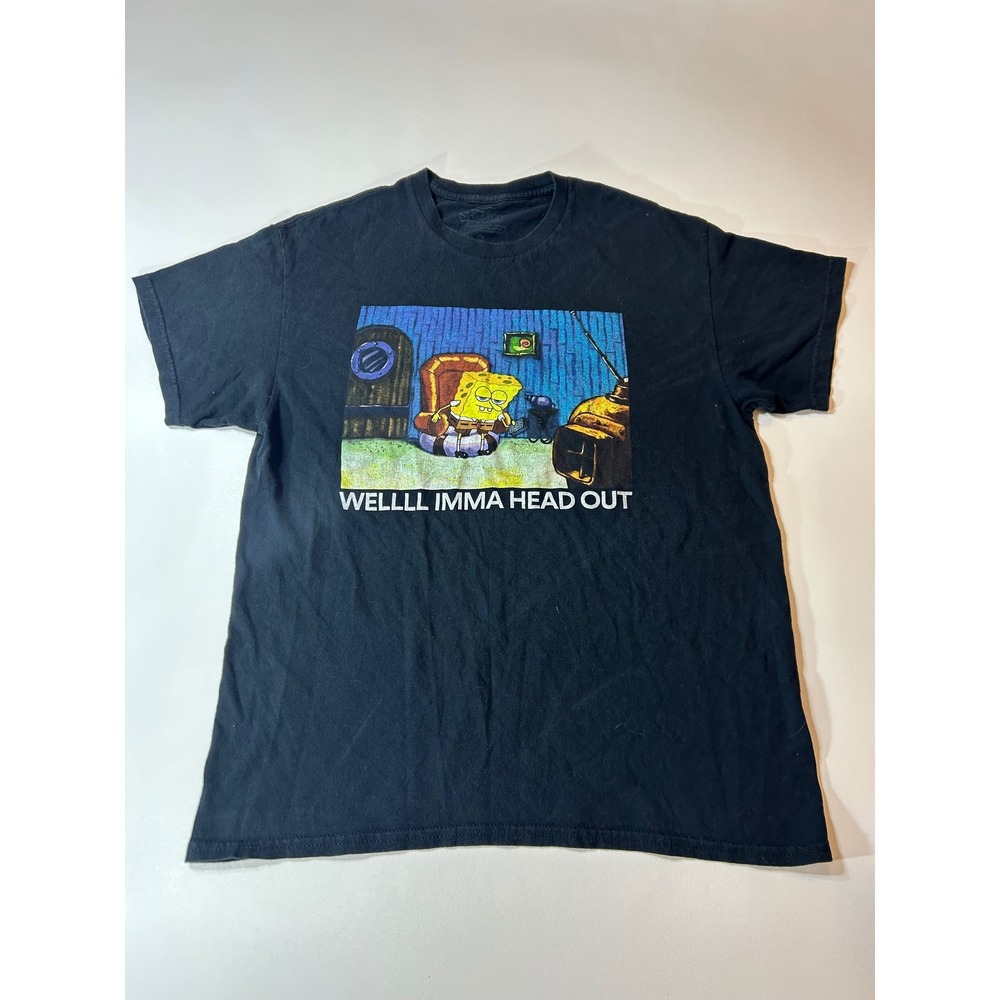 Nickelodeon T-Shirt Men's Large Black SpongeBob Ight Imma Head Out Meme Graphic